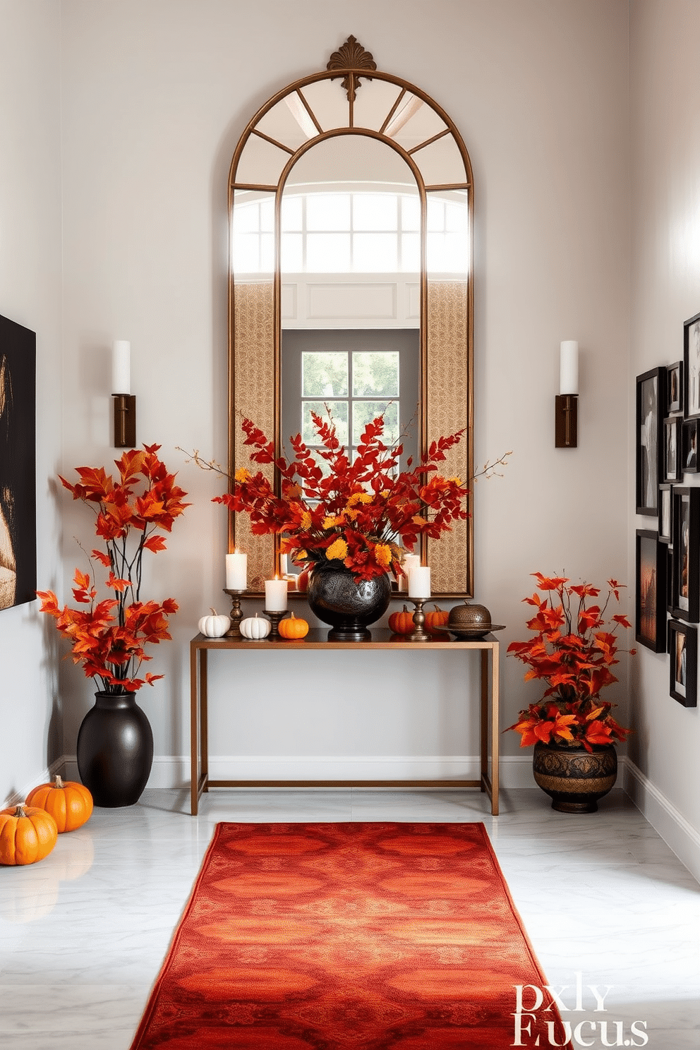 Seasonal decor for a fresh look. The foyer is adorned with vibrant autumn leaves and pumpkins, creating a warm and inviting atmosphere. A large, decorative mirror hangs above a sleek console table, which is styled with candles and seasonal florals in rich hues. Long foyer design ideas. The space features a striking runner rug that guides the eye through the elongated area, flanked by elegant wall sconces that provide soft lighting. On one side, a series of framed artwork adds character, while the opposite side showcases a gallery of family photos in varied frames for a personal touch.