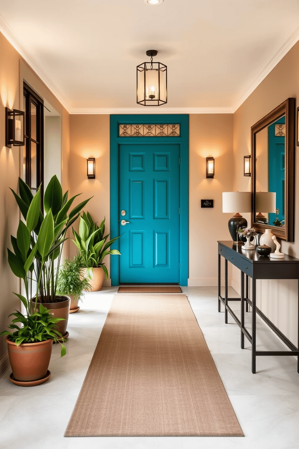 A brightly colored door stands at the entrance, painted in a vibrant teal that contrasts beautifully with the neutral exterior walls. Surrounding the door, potted plants in varying heights add a touch of greenery, creating an inviting first impression. The long foyer features a sleek runner rug that guides guests through the space, accented by soft, ambient lighting from stylish wall sconces. To the side, a console table displays decorative items and a large mirror, enhancing the sense of openness and warmth.