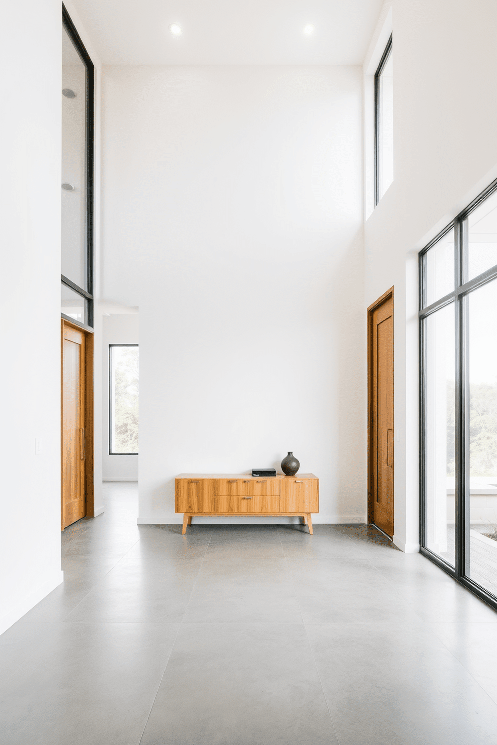 A minimalist foyer design featuring clean lines and an open layout. The walls are painted in a soft white, and the flooring is polished concrete, creating a seamless flow. A sleek console table in natural wood sits against one wall, adorned with a single decorative item. Large windows allow ample natural light to flood the space, enhancing the airy atmosphere.