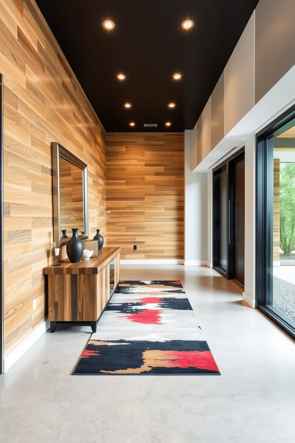 A long foyer featuring a blend of mixed materials creates a striking modern entrance. The walls are adorned with textured wood panels, complemented by sleek metal accents and a polished concrete floor. An oversized console table made of reclaimed wood sits against one wall, topped with decorative objects and a statement mirror. Soft lighting from recessed fixtures highlights the space, while a bold area rug adds warmth and color underfoot.