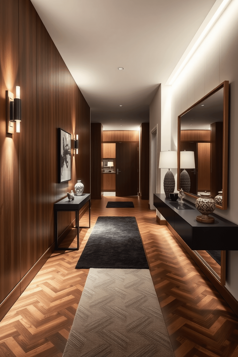 A long foyer bathed in soft lighting creates an inviting atmosphere. Elegant wall sconces illuminate the space, highlighting the rich textures of the wood paneling and the artwork displayed along the corridor. The floor features a stunning herringbone pattern in dark oak, complemented by a plush runner that adds warmth. A sleek console table sits against one wall, adorned with decorative objects and a large mirror that reflects the light and enhances the sense of space.