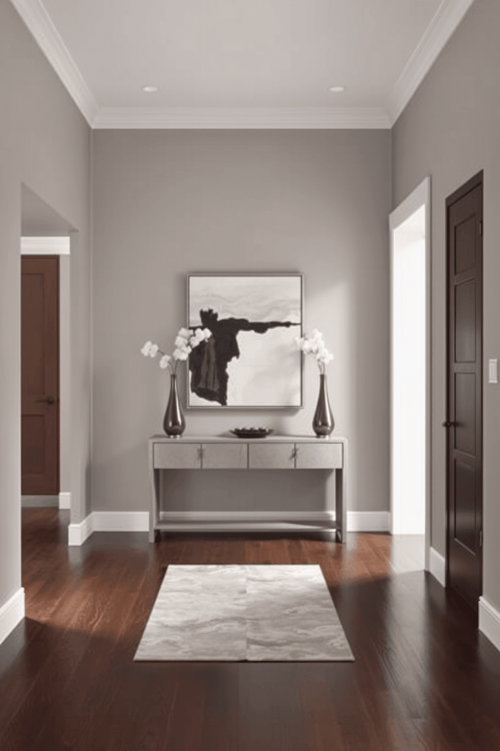 A long foyer with a monochromatic color scheme exudes sophistication and elegance. The walls are painted in a soft gray, complemented by a sleek, dark hardwood floor that adds depth to the space. At the end of the foyer, a striking console table in a matching gray tone features a large, abstract artwork above it. Flanking the table, tall, slender vases with white flowers create a clean and refined look, while a stylish runner adds texture to the floor.