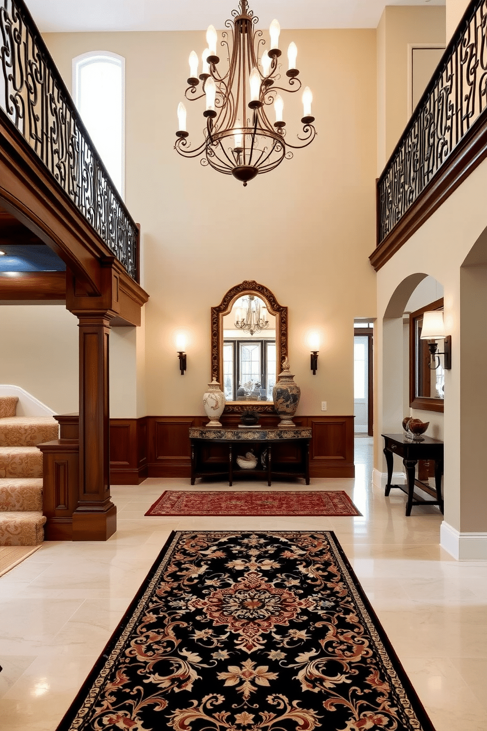 Elegant staircase with decorative railing. The staircase features a rich mahogany finish, with intricate wrought iron railings that add a touch of sophistication. A large chandelier hangs above, casting warm light across the space, while plush runner carpet adds comfort underfoot. Long foyer design ideas. The foyer is adorned with a statement console table, topped with a large mirror and elegant vases. Soft lighting from sconces illuminates the space, and a beautiful area rug defines the entryway, creating an inviting atmosphere.