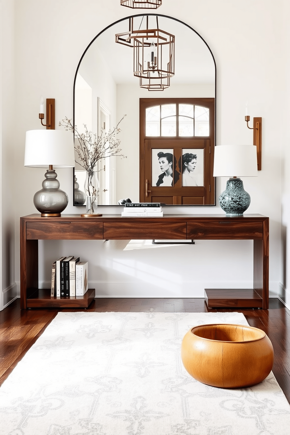 Chic console table with decorative accents. The console table is sleek and modern, finished in a rich walnut wood, and adorned with a stylish table lamp and a collection of curated art books. Long foyer design ideas. The foyer features an elongated layout with a stunning runner rug that draws the eye, flanked by elegant wall sconces and a large mirror that enhances the sense of space.