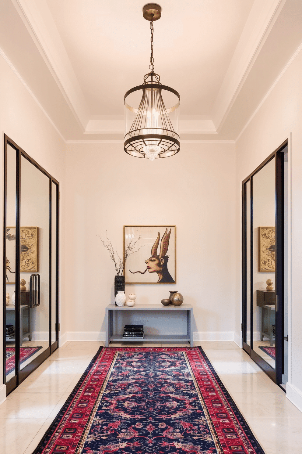 A stylish pendant light hangs gracefully from the ceiling, showcasing an elegant design with intricate details and a warm glow that creates an inviting atmosphere. Below the light, a sleek console table is adorned with decorative items, enhancing the overall aesthetic of the space. The long foyer features a stunning runner rug that adds a pop of color and texture, guiding guests into the home. Flanking the walls are tall, framed mirrors that reflect light and create a sense of depth, complemented by carefully curated artwork that adds personality to the entryway.