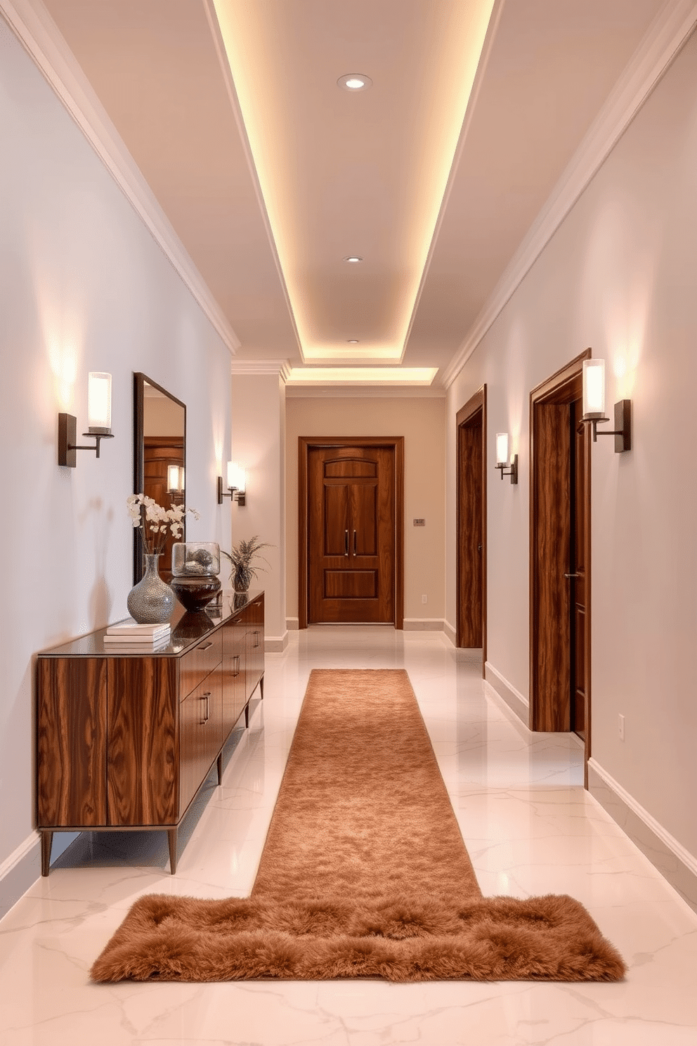 A long foyer elegantly showcases layered lighting with stylish sconces and modern fixtures strategically placed along the walls. The space features a polished marble floor that reflects the warm glow of the lights, creating an inviting atmosphere. The foyer is adorned with a statement console table, topped with decorative objects and a large mirror that enhances the sense of depth. Soft, neutral tones on the walls complement the rich wooden accents, while a plush runner adds texture and warmth to the space.