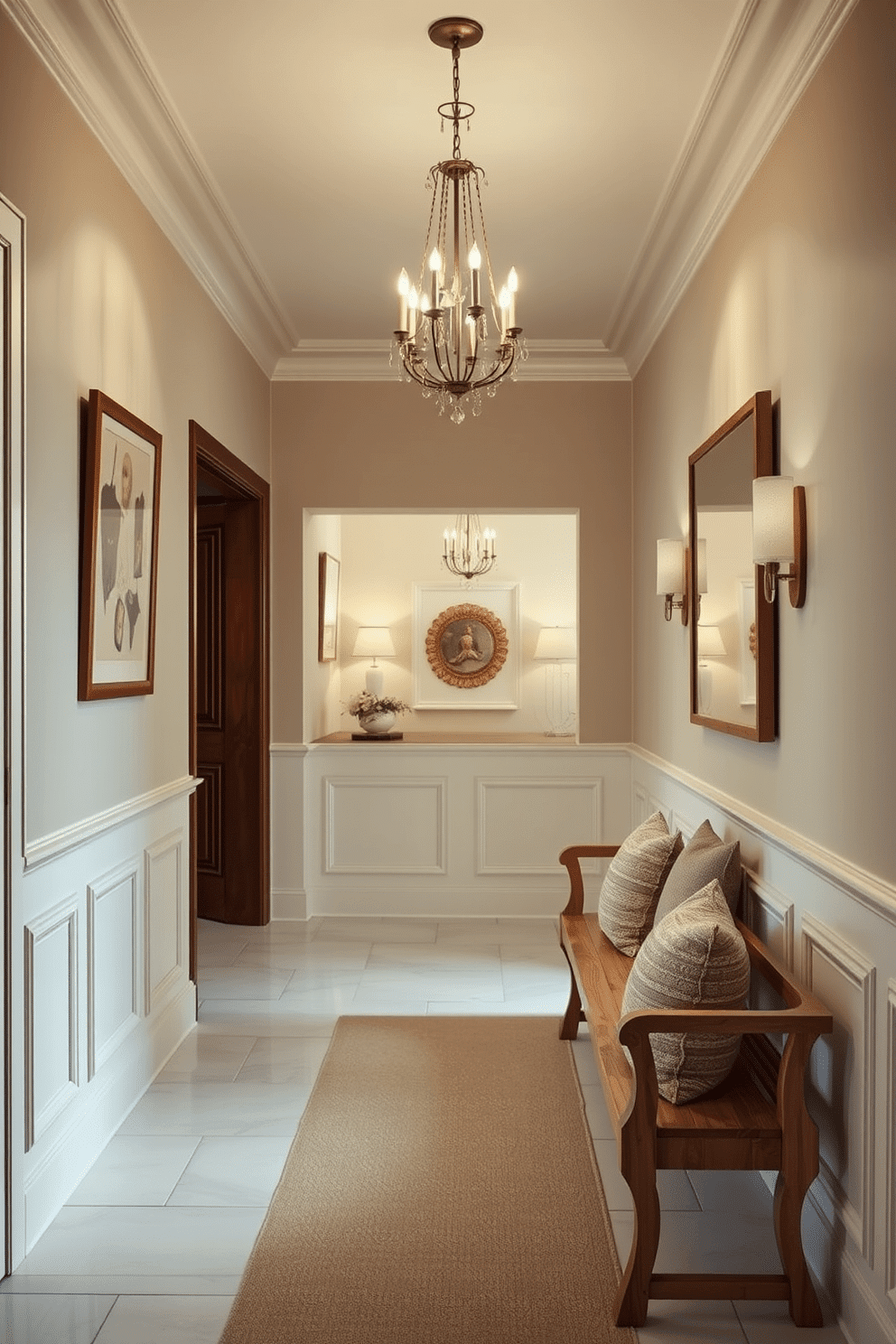 A natural wood bench is positioned against a wall in the foyer, adorned with plush cushions in neutral tones for added comfort. The space is illuminated by soft, ambient lighting, creating a warm and inviting atmosphere. The long foyer features elegant wainscoting painted in a soft white hue, complementing the rich wood tones of the bench. A statement chandelier hangs from the ceiling, while a large mirror reflects the light, enhancing the sense of space.