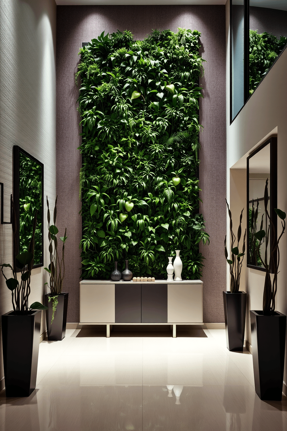 A stunning vertical garden features a variety of lush plants cascading down a textured wall, creating a vibrant focal point in the room. Soft, ambient lighting highlights the greenery, enhancing the natural beauty and bringing a refreshing atmosphere indoors. The long foyer is elegantly designed with a sleek console table against one wall, adorned with decorative objects and a large mirror above it. Flanking the entrance are tall, slender planters filled with sculptural plants, guiding guests into the inviting space.