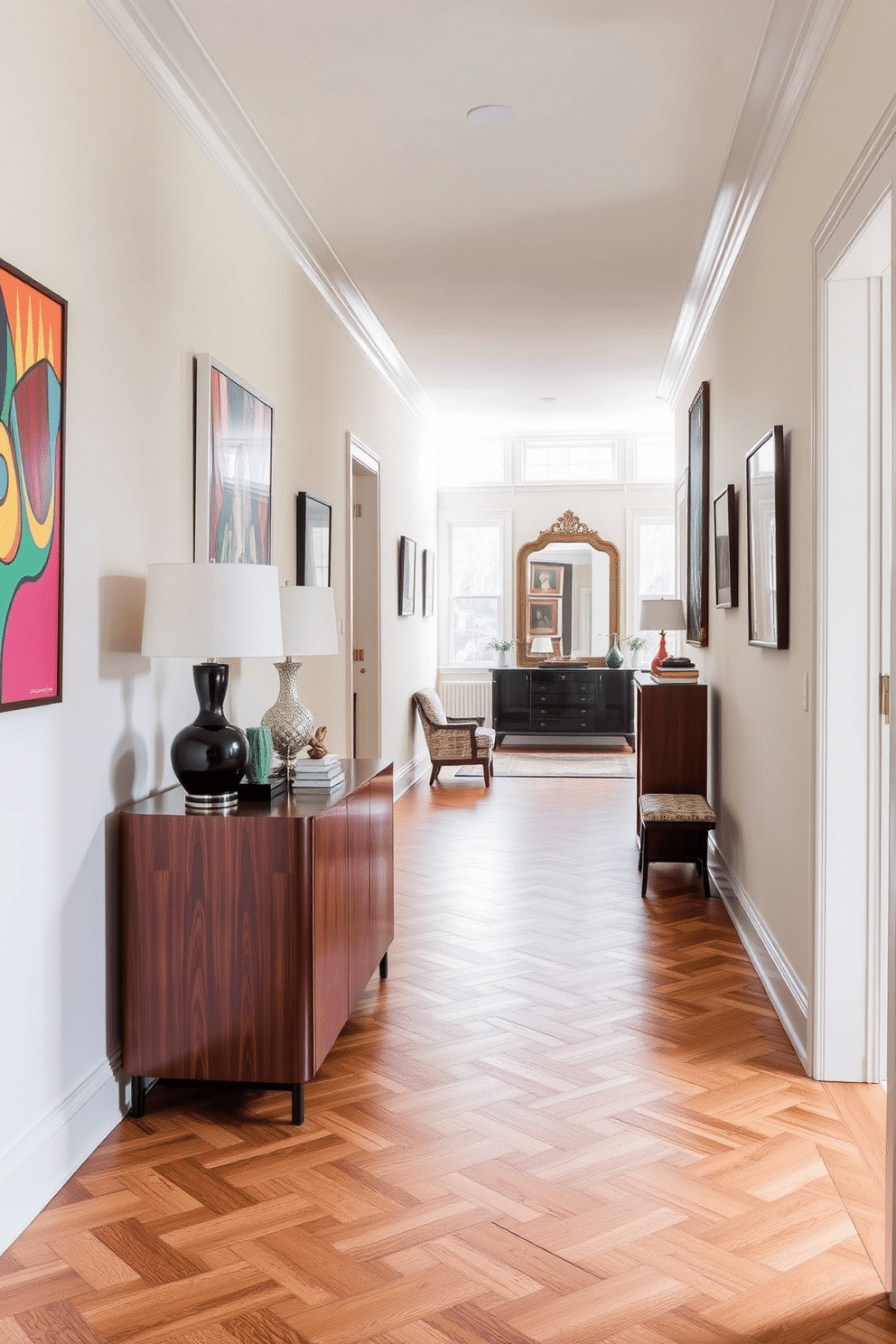 A long foyer filled with natural light. The walls are painted in a soft cream color, adorned with colorful artwork that adds vibrancy and character to the space. A sleek console table in a rich walnut finish sits against one wall, topped with decorative items and a stylish lamp. The floor features elegant herringbone-patterned wood, leading the eye towards a statement mirror at the far end.