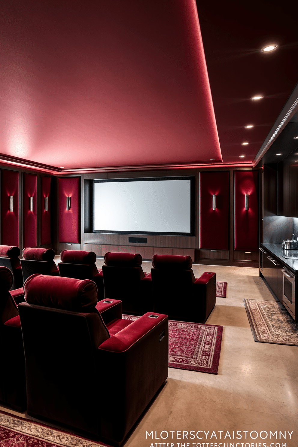 An elegant home theater featuring plush, oversized seating in rich, dark velvet. The walls are adorned with acoustic panels in deep burgundy, and a large screen is mounted at the front, flanked by soft, ambient lighting. Luxury basement design showcasing a spacious entertainment area with a sleek bar and modern appliances. The flooring is a polished concrete with area rugs, and large windows allow natural light to filter in, enhancing the inviting atmosphere.