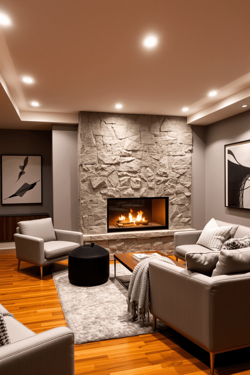 A contemporary basement design featuring a sleek fireplace with a striking stone surround. The space is illuminated by recessed lighting, highlighting the warm tones of the hardwood flooring and the plush, modern furniture. The walls are adorned with minimalist artwork, creating a sophisticated atmosphere. A cozy seating area is arranged around the fireplace, complemented by a stylish coffee table and soft, textured throws.