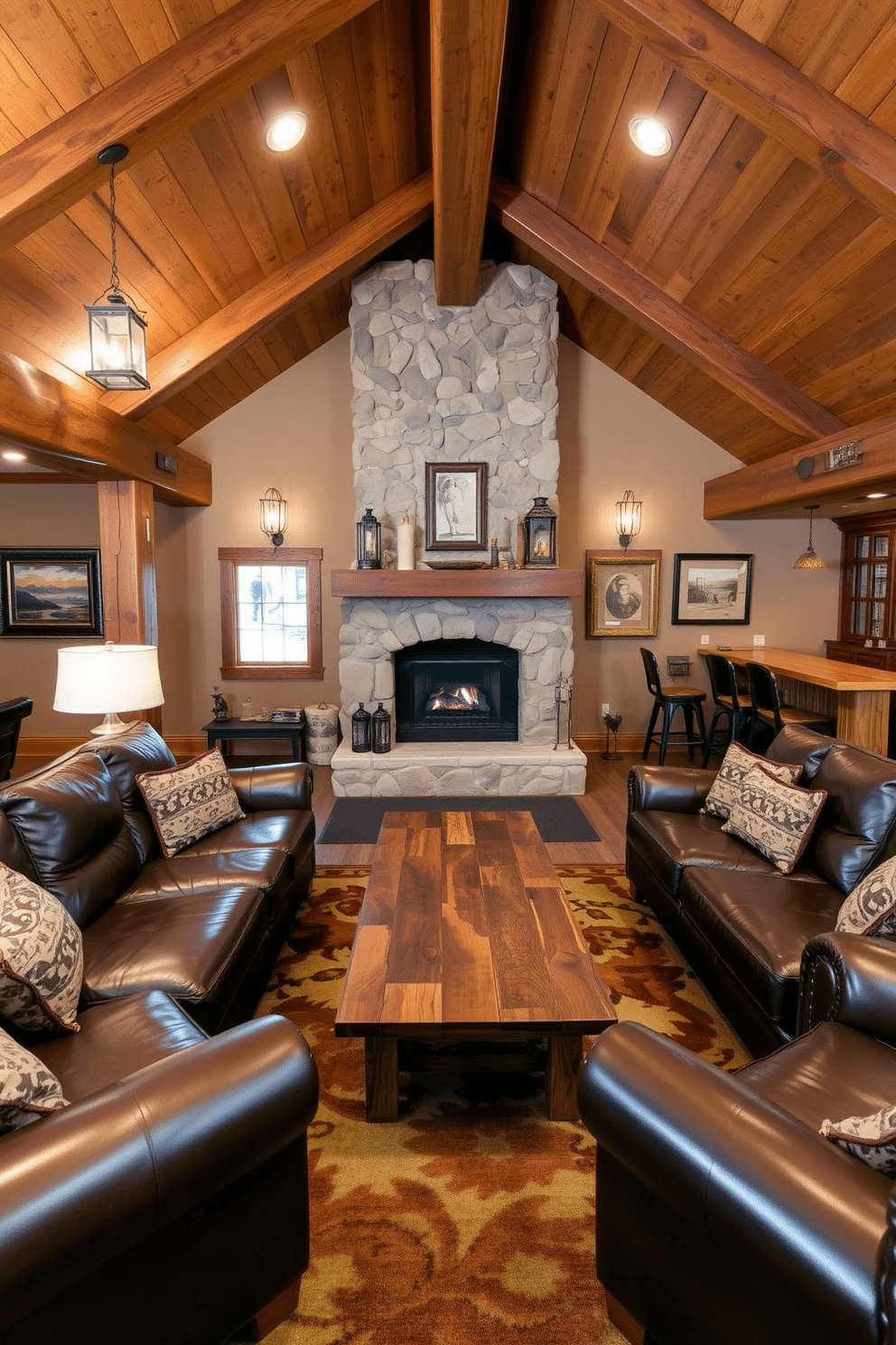 A cozy rustic cabin-style basement retreat features exposed wooden beams and a stone fireplace as the focal point. Plush leather sofas are arranged around a reclaimed wood coffee table, creating an inviting space for relaxation. The walls are adorned with warm, earthy tones, complemented by vintage-style lanterns for ambient lighting. A large area rug with a nature-inspired pattern anchors the seating area, while a wooden bar with high stools offers a perfect spot for entertaining guests.