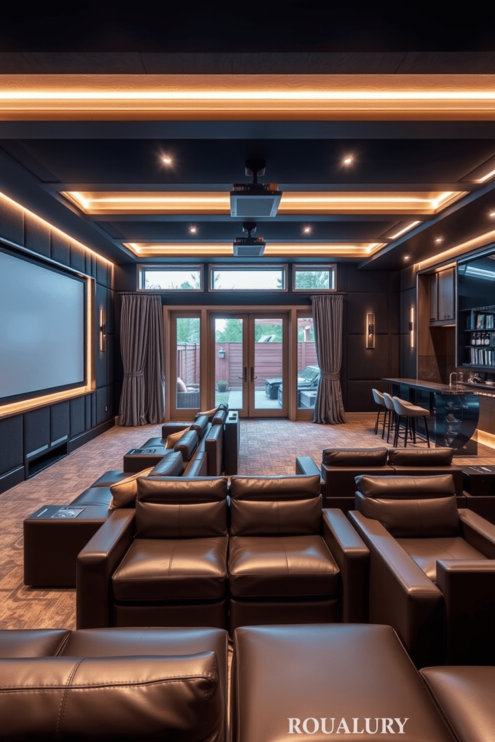 A luxury media room designed for ultimate entertainment. It features plush leather seating arranged in a tiered layout, with a large projection screen and state-of-the-art surround sound system enhancing the cinematic experience. The walls are upholstered in rich, dark fabric to absorb sound, while ambient LED lighting creates a cozy atmosphere. A sleek bar area with high stools is positioned at the back, stocked with refreshments for movie nights. --- A luxurious basement design that combines comfort and functionality. The space includes a stylish lounge area with a contemporary sectional sofa, a custom-built entertainment unit, and a fireplace for warmth. Natural light is introduced through strategically placed windows and glass doors leading to a private outdoor patio. The decor blends modern elegance with rustic elements, featuring exposed beams and warm wood accents throughout.