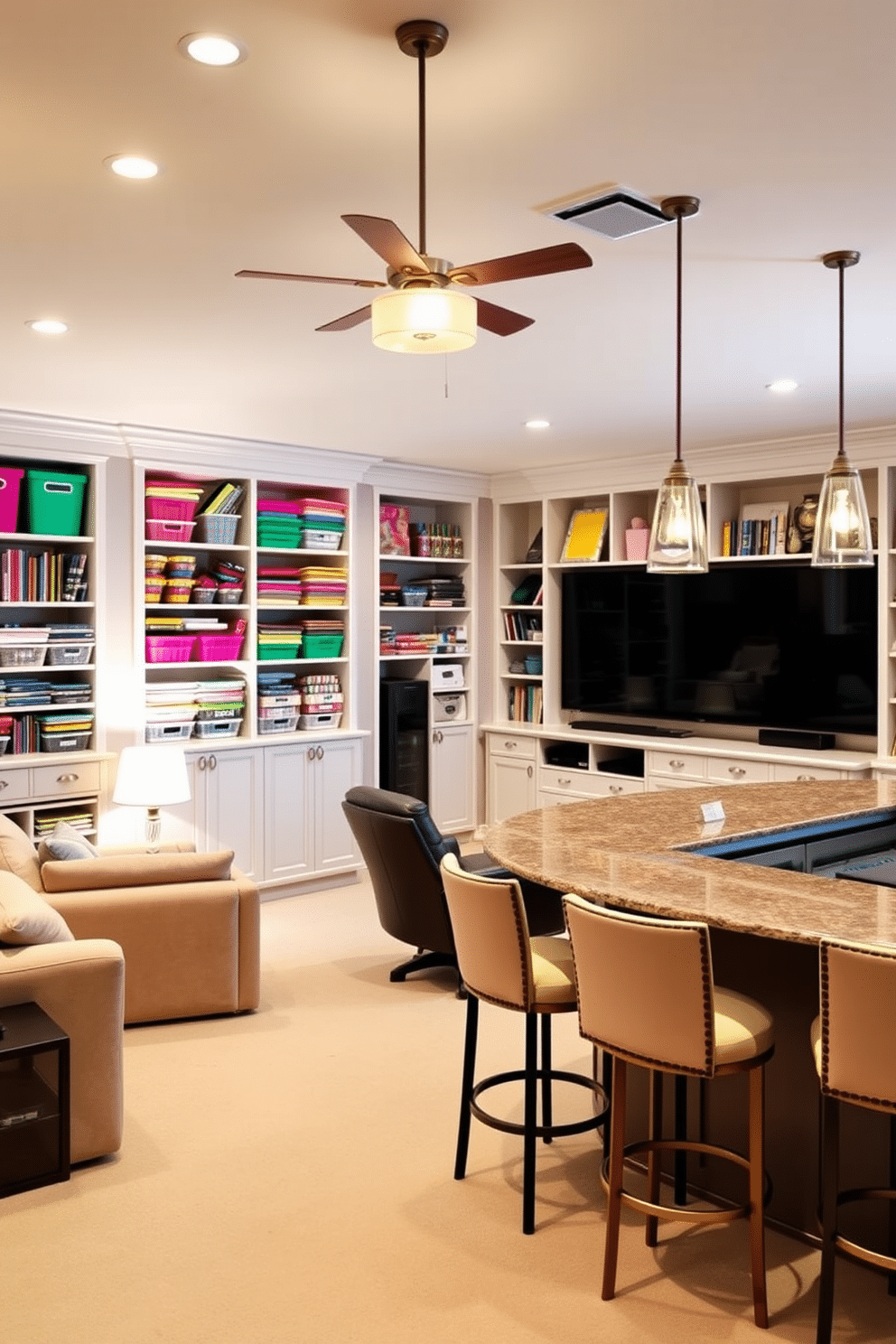 A bright and inviting craft room filled with organized storage solutions. The walls are painted in a soft pastel color, and custom shelving units display an array of colorful craft supplies, neatly arranged in labeled bins. The luxury basement features a spacious entertainment area with plush seating and a state-of-the-art home theater system. Elegant lighting fixtures cast a warm glow over the space, while a stylish bar area with high-top stools invites relaxation and socializing.