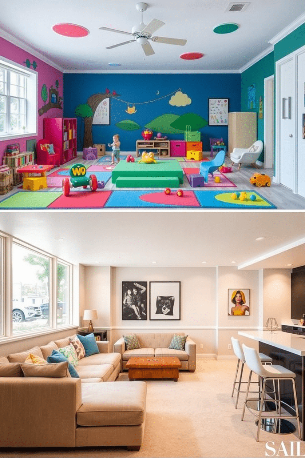 A vibrant children's playroom filled with colorful decor. The walls are painted in bright hues, adorned with playful murals, and the floor is covered in soft, cushioned tiles for safety. A luxury basement designed for relaxation and entertainment. This space features a plush sectional sofa, a sleek bar area with modern stools, and large windows that allow natural light to flood the room.