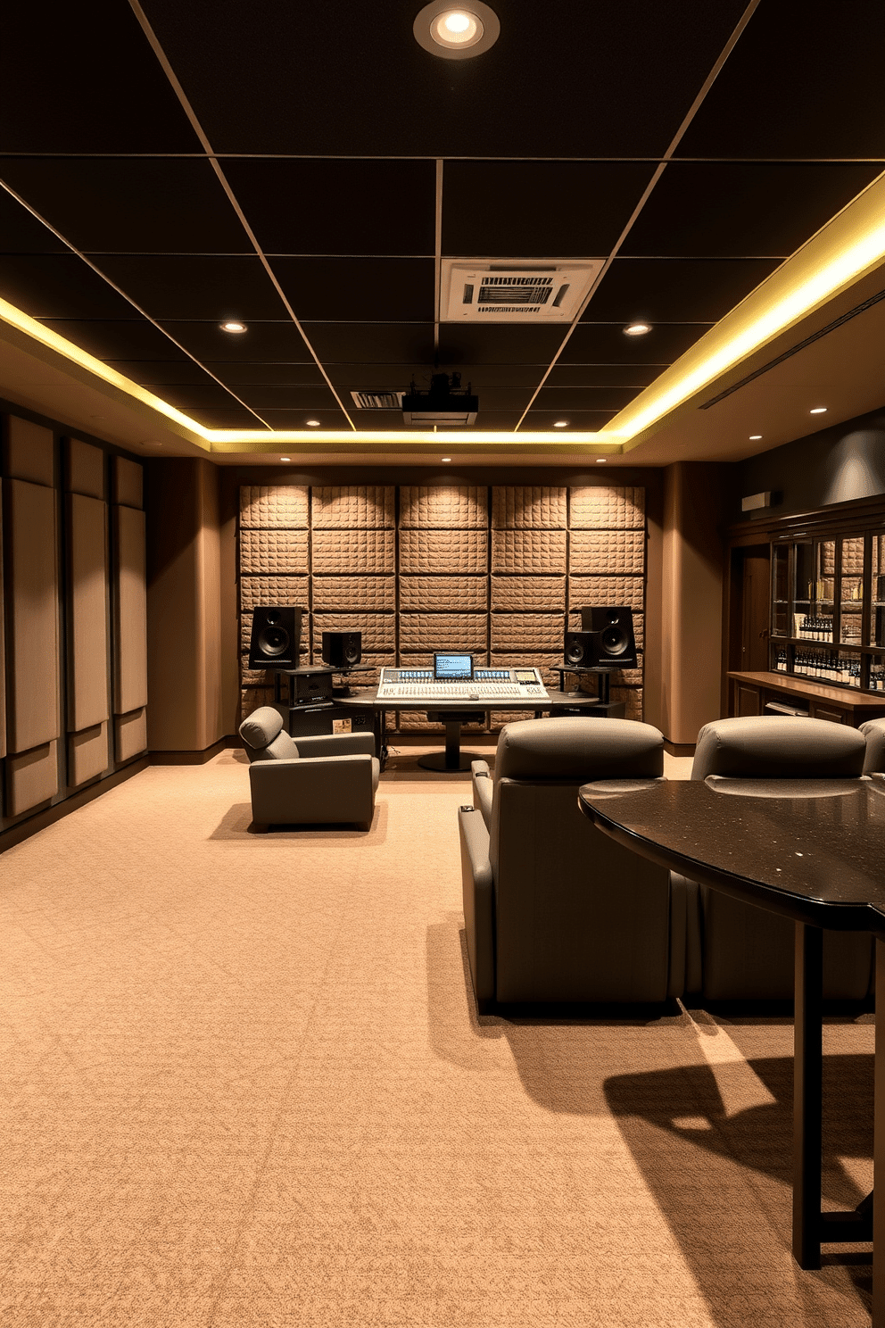 A soundproof music studio for recording. The space features acoustic panels on the walls, a plush carpeted floor, and a central mixing console surrounded by comfortable seating. Luxury basement design ideas. The basement includes a home theater with plush recliners, a wet bar with elegant cabinetry, and ambient lighting that creates a cozy atmosphere.