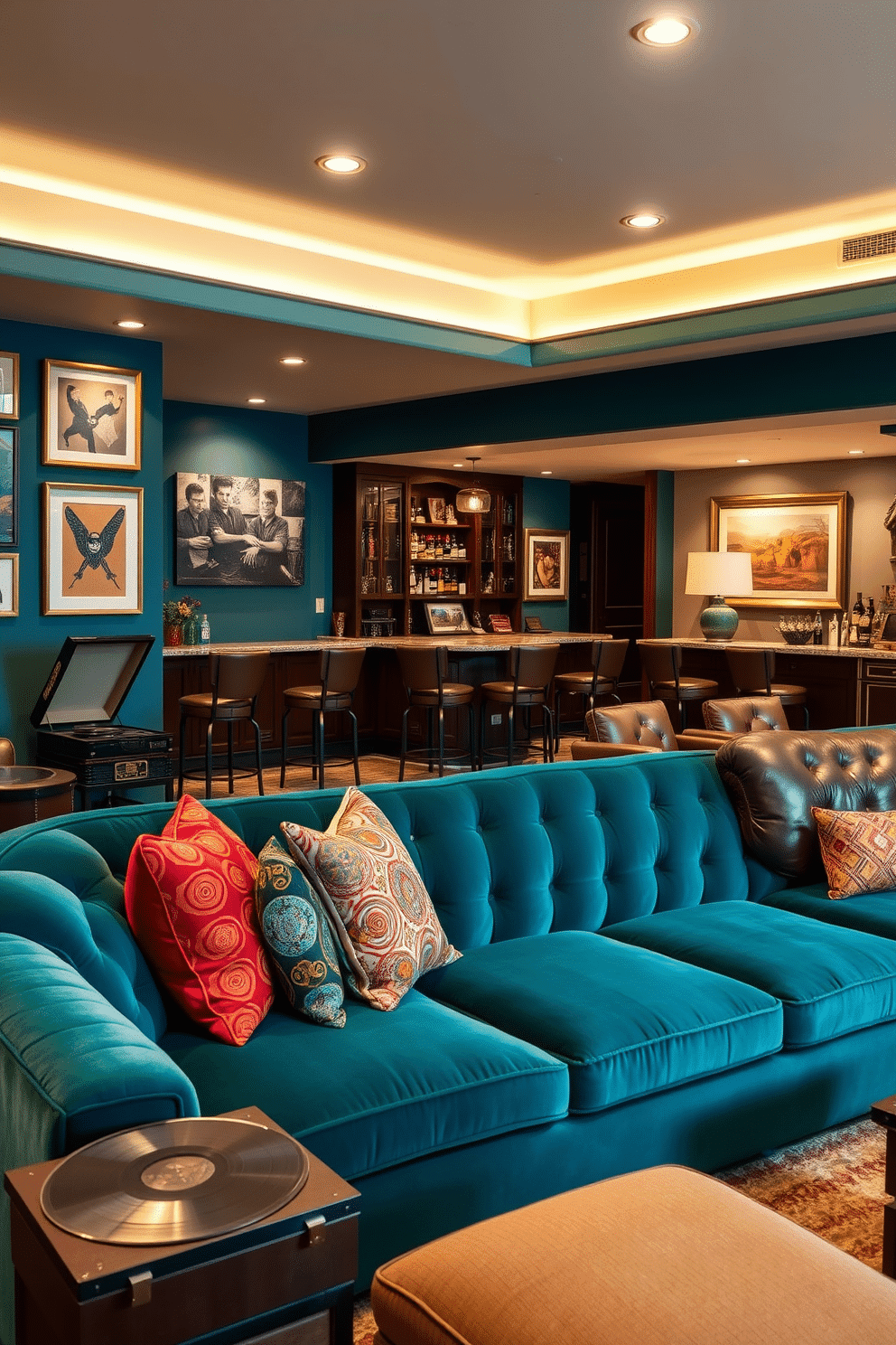 A vintage-inspired lounge with retro decor features a plush velvet sofa in rich teal, accented by a set of colorful patterned throw pillows. The walls are adorned with eclectic framed artwork and a vintage record player sits in the corner, creating a nostalgic atmosphere. For the luxury basement design, imagine a spacious area with a custom-built bar featuring dark wood cabinetry and a marble countertop. Soft ambient lighting highlights a cozy seating area with leather armchairs and a large sectional sofa, perfect for entertaining guests.