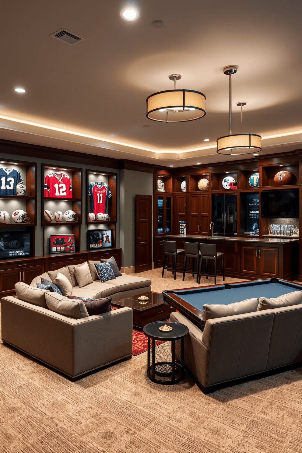 A themed sports room featuring an array of memorabilia displays, including framed jerseys and autographed balls showcased on sleek shelves. The walls are painted in team colors, and a comfortable sectional sofa faces a large flat-screen TV, perfect for game nights. Luxury basement design ideas showcasing a spacious entertainment area with a custom-built bar and plush seating. Elegant lighting fixtures illuminate the space, while rich wood accents and a stylish pool table create a sophisticated yet inviting atmosphere.