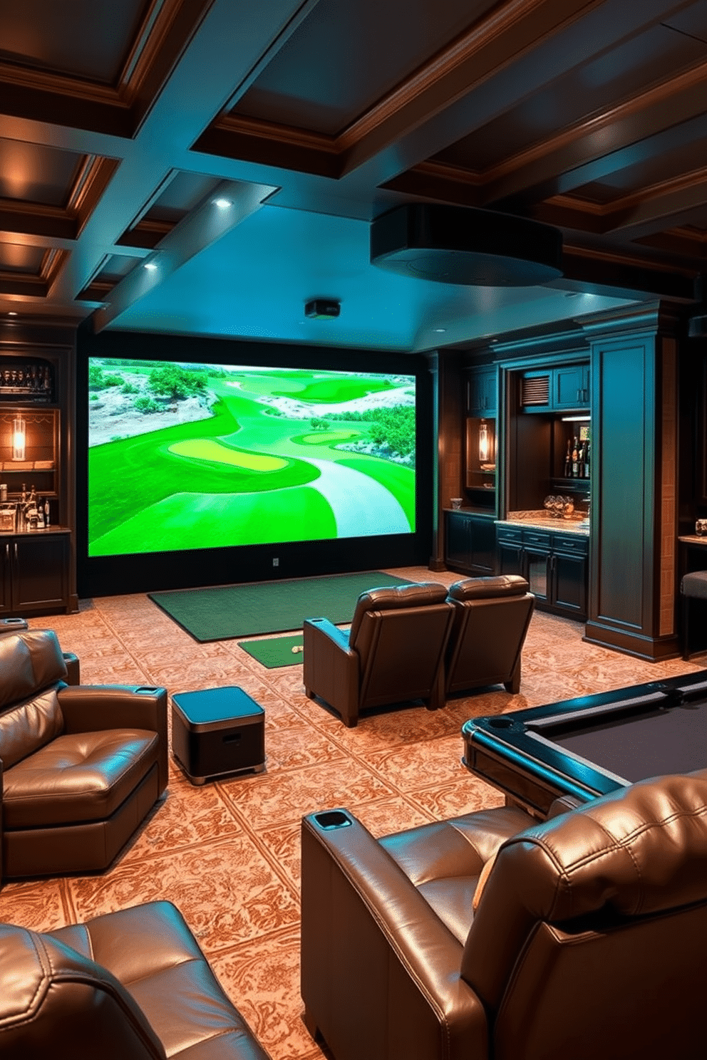 An indoor golf simulator room designed for year-round practice features a high-tech simulator screen that displays realistic golf courses. The space is adorned with plush seating, a mini bar, and ambient lighting to create a comfortable and inviting atmosphere. For luxury basement design ideas, envision a spacious area with a home theater featuring reclining leather seats and a large projection screen. The room is complemented by a wet bar, a game area with a billiards table, and elegant finishes like coffered ceilings and custom cabinetry.