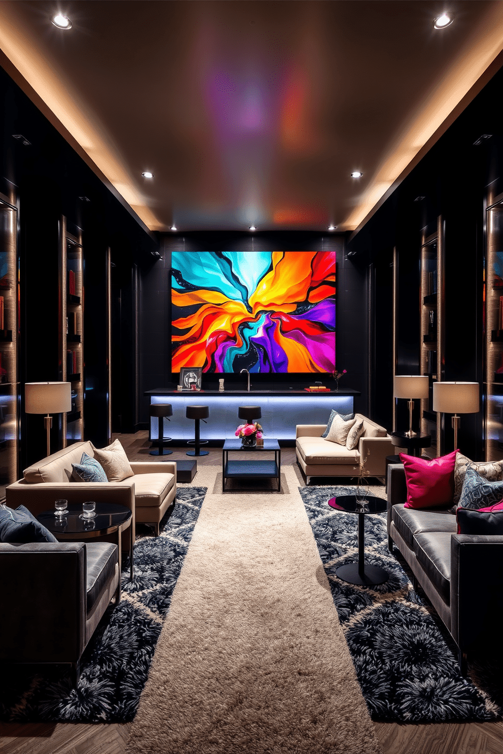 A modern art installation serves as the focal point in a luxurious basement space, drawing the eye with its vibrant colors and dynamic shapes. Surrounding the artwork, the basement features plush seating arrangements with contemporary furniture, creating an inviting atmosphere for relaxation and entertainment. The design incorporates sleek finishes and ambient lighting to enhance the modern aesthetic, while a stylish bar area adds functionality. Textured rugs and elegant decor elements complement the overall luxury, ensuring a harmonious and sophisticated environment.