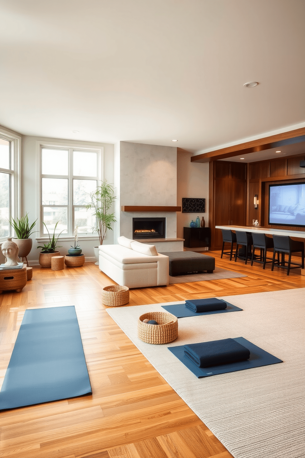 A serene multipurpose room designed for yoga and meditation. The space features soft, natural lighting filtering through large windows, with bamboo flooring and a calming color palette of soft blues and whites. In one corner, there are neatly rolled yoga mats and a small shelf filled with meditation cushions. A tranquil indoor water feature adds a soothing sound, while plants in woven baskets bring a touch of nature indoors. A luxurious basement designed for relaxation and entertainment. The area includes a plush sectional sofa facing a modern fireplace, with ambient lighting that creates a warm and inviting atmosphere. Rich wood paneling lines the walls, complemented by a stylish wet bar equipped with elegant bar stools. A home theater setup is positioned at the far end, complete with a large screen and comfortable seating for movie nights.