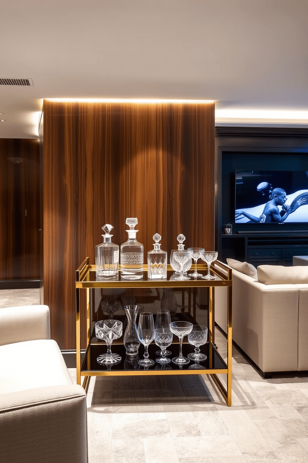 A sleek bar cart is elegantly positioned against a backdrop of rich, dark wood paneling. The cart features a polished gold frame, showcasing an array of designer glassware, including crystal decanters and intricately designed cocktail glasses. The luxury basement is designed with a modern aesthetic, incorporating plush seating and ambient lighting. An inviting lounge area is complemented by a state-of-the-art entertainment system, creating the perfect space for relaxation and social gatherings.