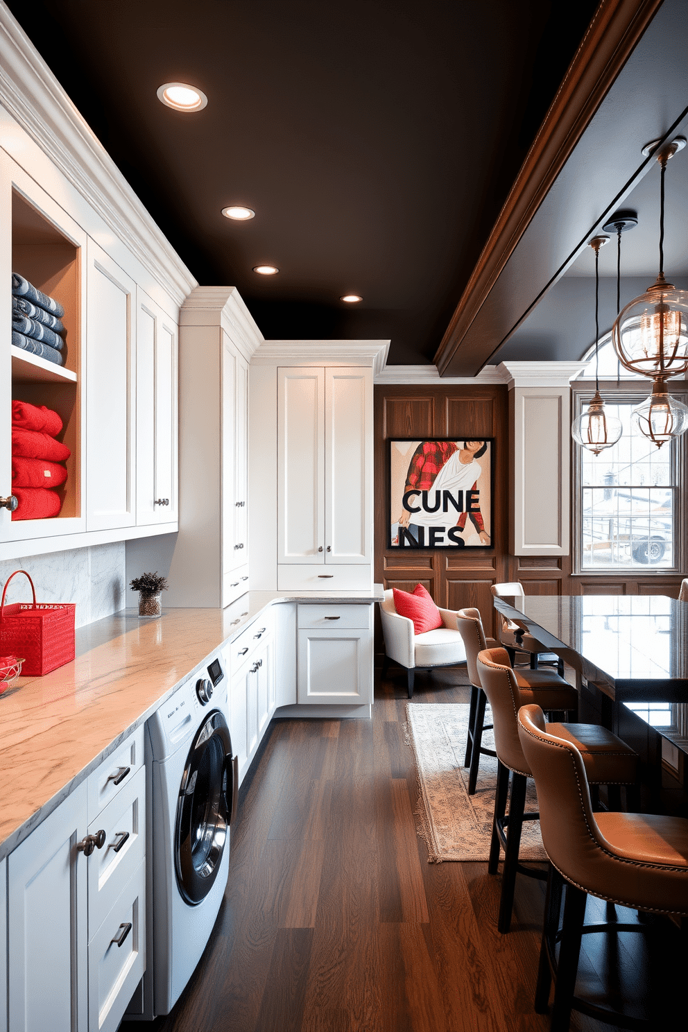 A stylish laundry room features a spacious folding station made of sleek white cabinetry, complemented by a marble countertop. The room is illuminated by natural light streaming through a large window, with organized shelves displaying neatly folded towels and vibrant laundry baskets. For luxury basement design ideas, envision a sophisticated entertainment area with plush seating and a custom-built bar. The space is adorned with elegant lighting fixtures and rich wood paneling, creating a warm and inviting atmosphere perfect for gatherings.