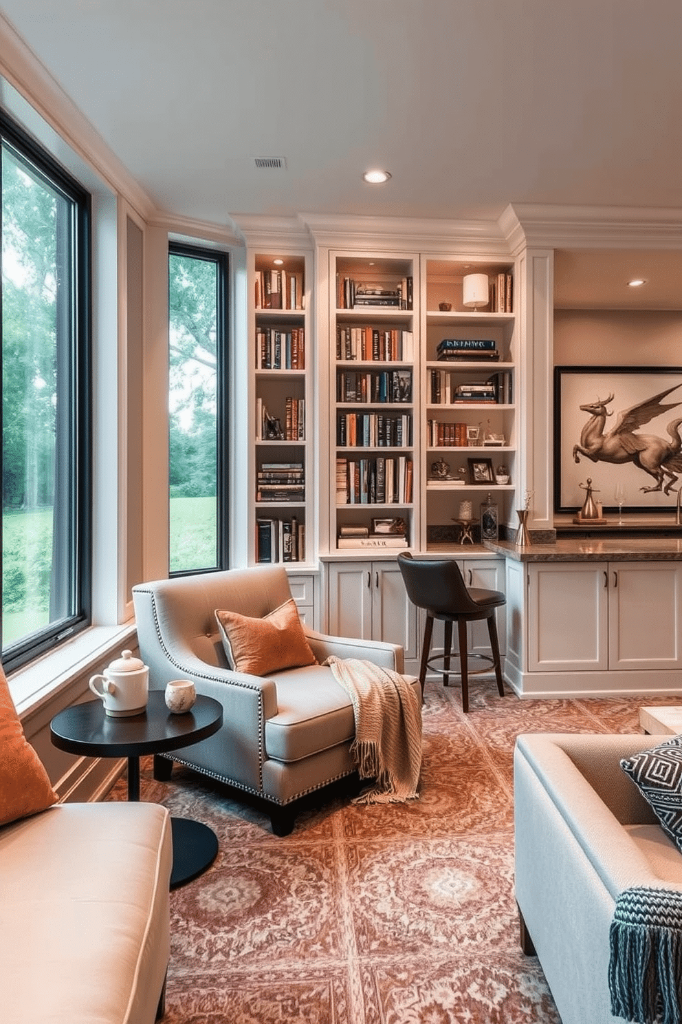 Cozy reading nook with built-in bookshelves. The nook features a plush armchair in a soft fabric, positioned beside a large window that allows natural light to flood the space. Surrounding the nook, custom-built bookshelves stretch from floor to ceiling, filled with an array of colorful books and decorative items. A small side table holds a warm cup of tea and a cozy throw blanket drapes over the armchair, creating an inviting atmosphere for relaxation. Luxury Basement Design Ideas. The basement is transformed into an elegant entertainment space, featuring a stylish bar area with high-end finishes and comfortable seating. Soft ambient lighting highlights the rich textures of the decor, including plush carpets and sophisticated artwork, while large windows provide a view of the outdoors, making the space feel open and inviting.