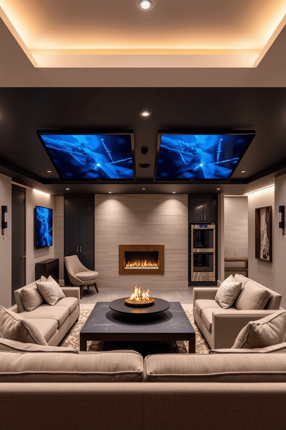 A modern luxury basement featuring smart home technology seamlessly integrated throughout the space. The room includes a state-of-the-art entertainment system, automated lighting, and climate control, all accessible via a central touchscreen panel. The design incorporates plush seating, a sleek bar area with high-end appliances, and a cozy fireplace for warmth and ambiance. Soft, ambient lighting and soundproofing materials create an inviting atmosphere perfect for relaxation and entertainment.