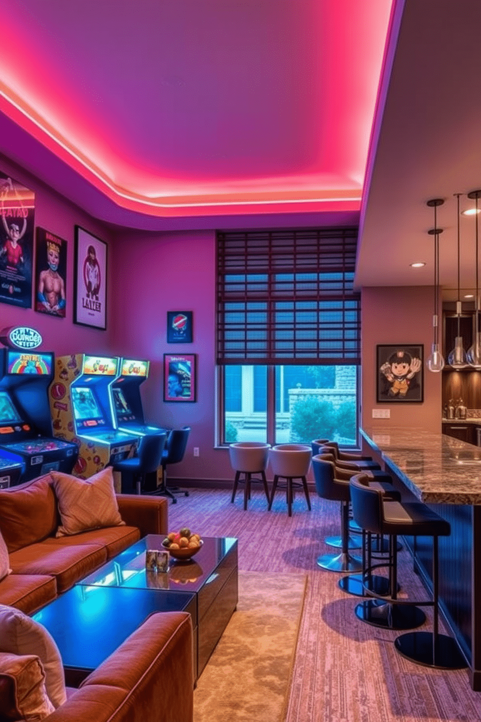 A lively game room featuring vintage arcade machines, with bright neon lights illuminating the space. The walls are adorned with retro posters, and plush seating is arranged around a central coffee table, creating a fun and inviting atmosphere. The luxury basement design includes a spacious lounge area with a sleek bar, complete with elegant bar stools and a stylish countertop. Soft ambient lighting highlights the rich textures of the furnishings, while large windows provide a glimpse of the outdoors, blending comfort with sophistication.