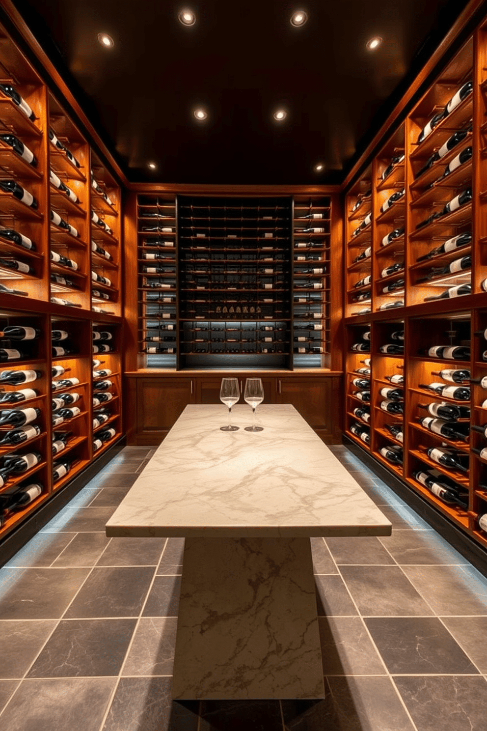 A luxurious wine cellar featuring a climate control system that ensures optimal storage conditions. The walls are lined with rich mahogany shelves, displaying an extensive collection of fine wines, while ambient lighting casts a warm glow throughout the space. In the center, a sleek tasting table made of polished granite invites intimate gatherings. The floor is adorned with elegant slate tiles, enhancing the sophisticated atmosphere of the basement retreat.