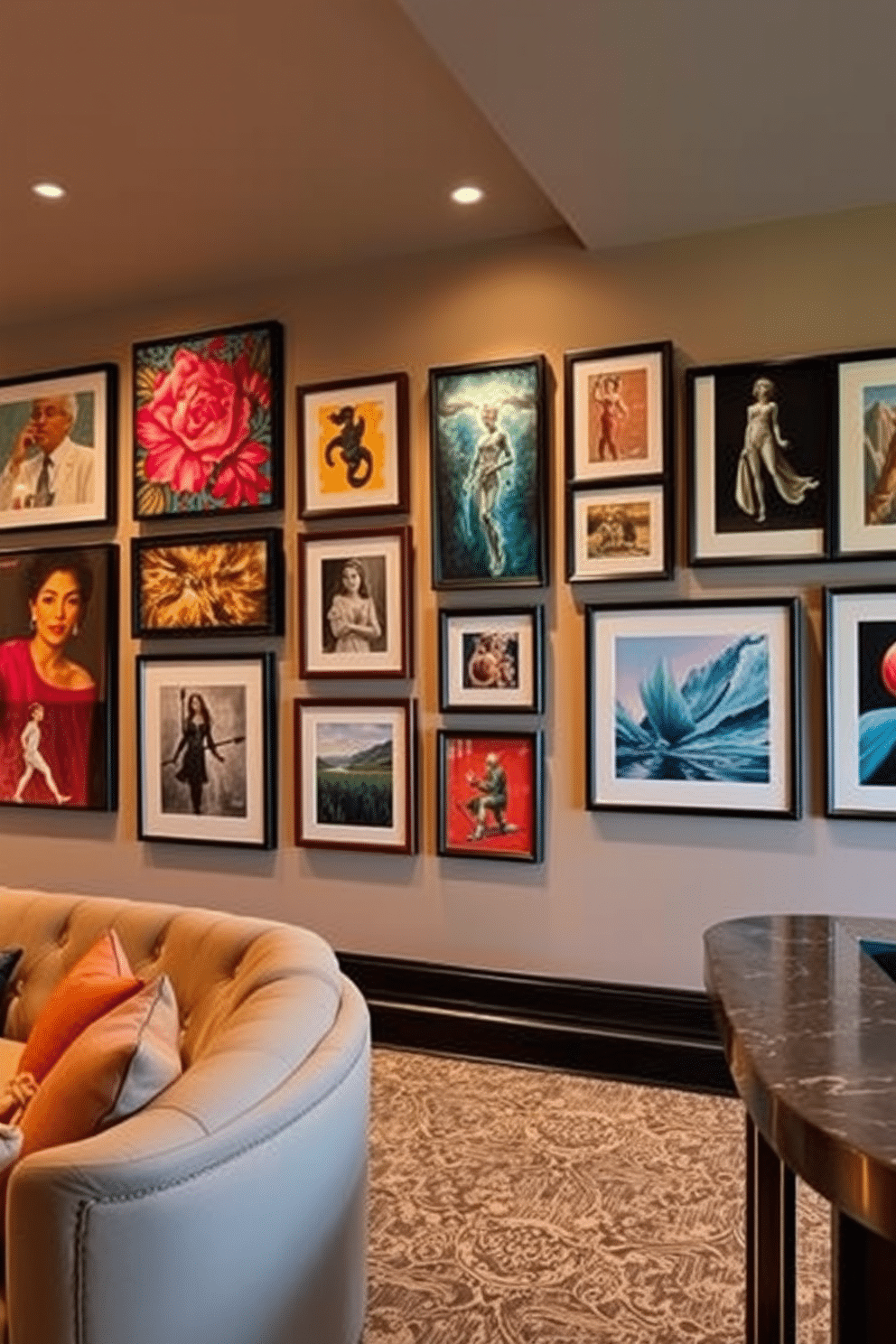 Art gallery wall showcasing local artists. The wall is adorned with a curated selection of framed artworks in various styles, highlighting vibrant colors and unique textures. Luxury basement design ideas. The space features plush seating arrangements, a stylish bar area with high-end finishes, and ambient lighting that creates a warm and inviting atmosphere.