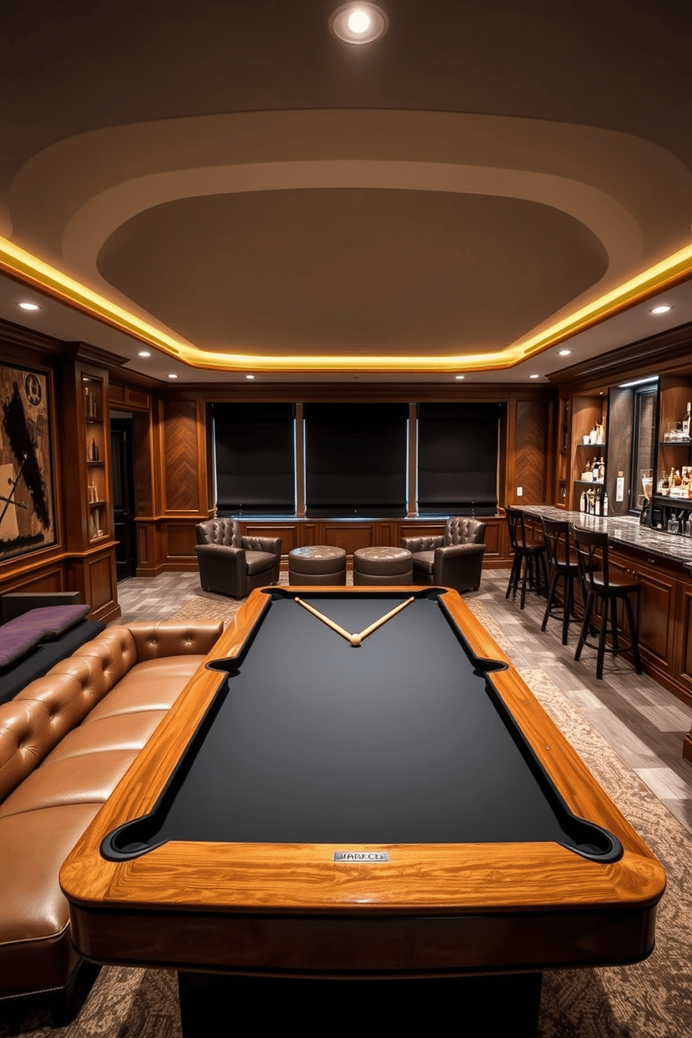 A custom billiards table takes center stage in a luxurious basement, surrounded by plush leather seating that invites relaxation and socializing. The walls are adorned with rich wood paneling, and soft, ambient lighting creates an intimate atmosphere perfect for entertaining guests. Adjacent to the billiards area, a stylish bar features elegant cabinetry and a marble countertop, stocked with premium spirits and glassware. Large windows with blackout curtains allow for natural light during the day while maintaining privacy in the evening.