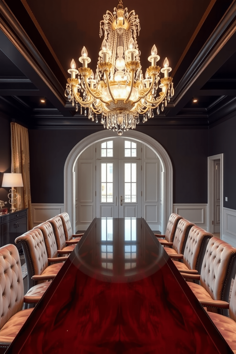 A luxurious dining room featuring an elegant crystal chandelier with gold accents hanging gracefully above a long, polished wooden table. Surrounding the table are plush upholstered chairs in rich velvet, complemented by a soft area rug that adds warmth to the space.