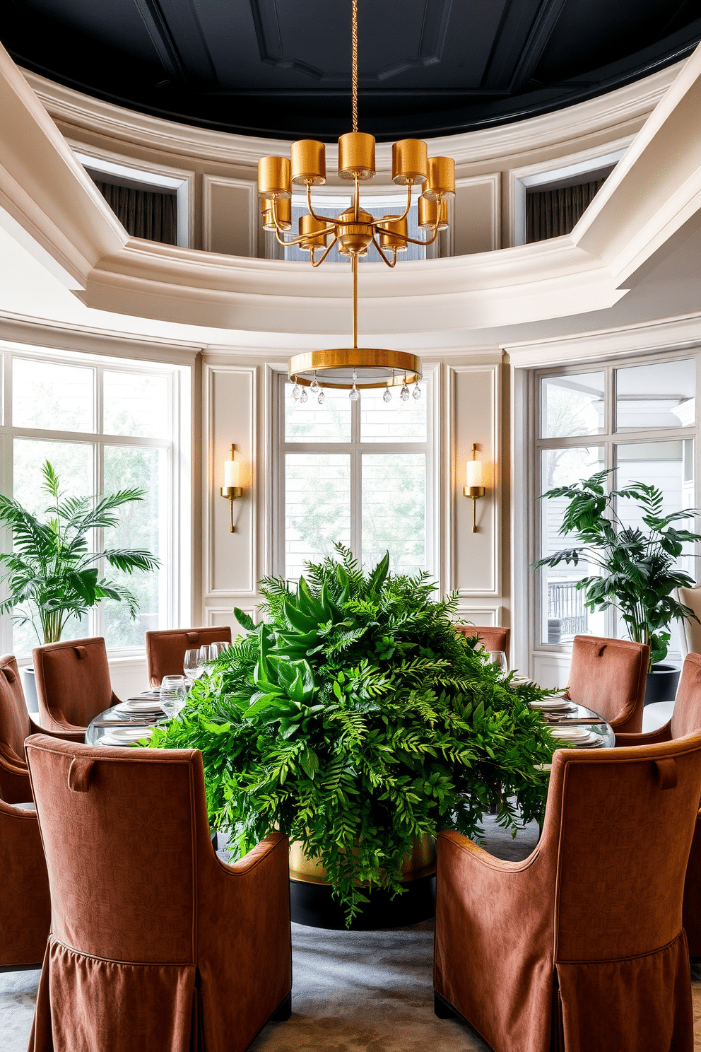 A luxurious dining room featuring a stunning centerpiece of lush greenery. The table is set with elegant dinnerware and surrounded by plush upholstered chairs in rich fabrics. The walls are adorned with soft, neutral tones, complemented by gold accents in the light fixtures. Large windows allow natural light to flood the space, enhancing the vibrant hues of the greenery.