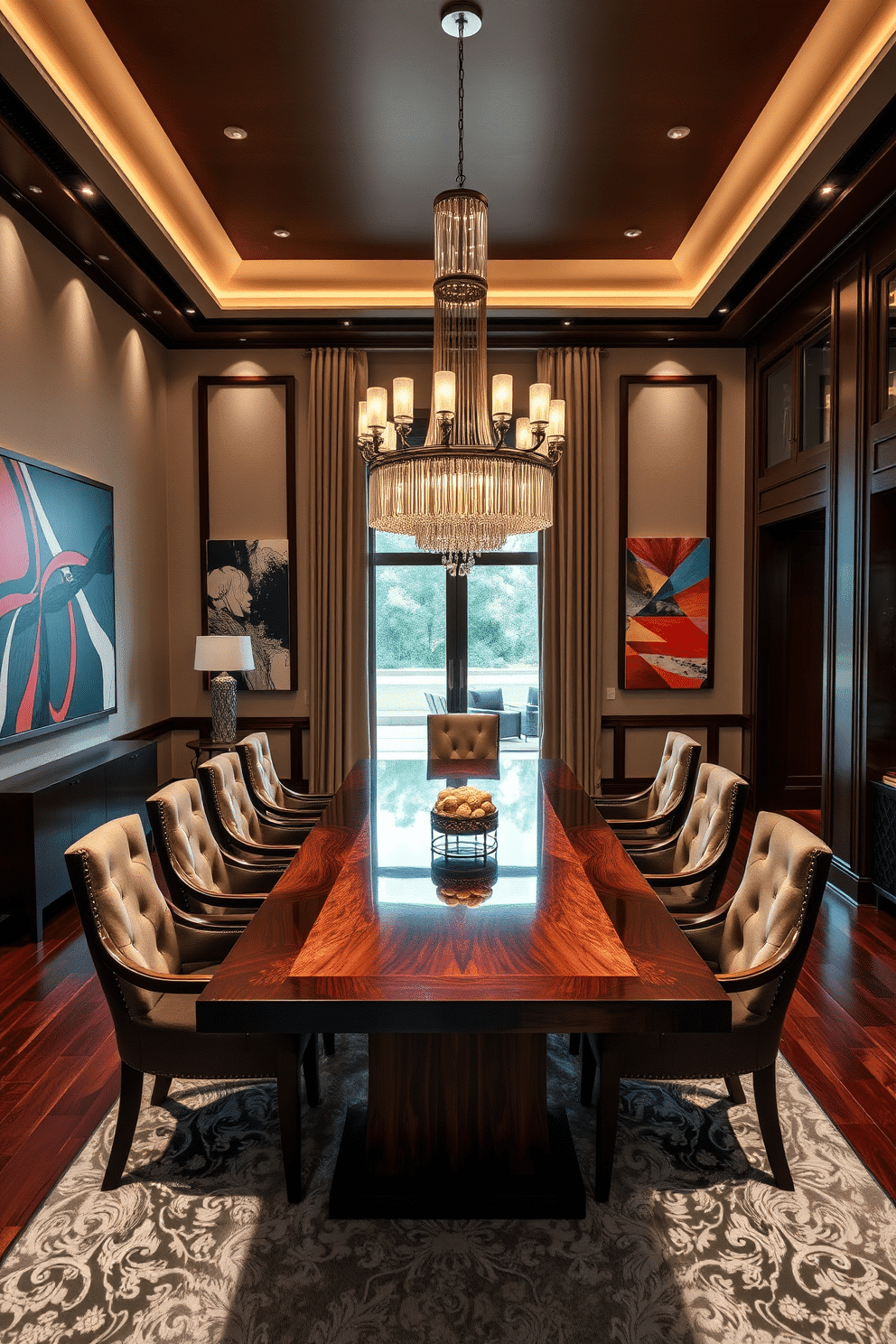 A luxurious dining room featuring a large, polished wooden table surrounded by elegant upholstered chairs. The walls are adorned with contemporary art pieces that add vibrant colors and a modern touch to the space. A statement chandelier hangs above the table, casting a warm glow over the room. The floor is finished with rich hardwood, and a plush area rug anchors the dining area, enhancing the overall sophistication.