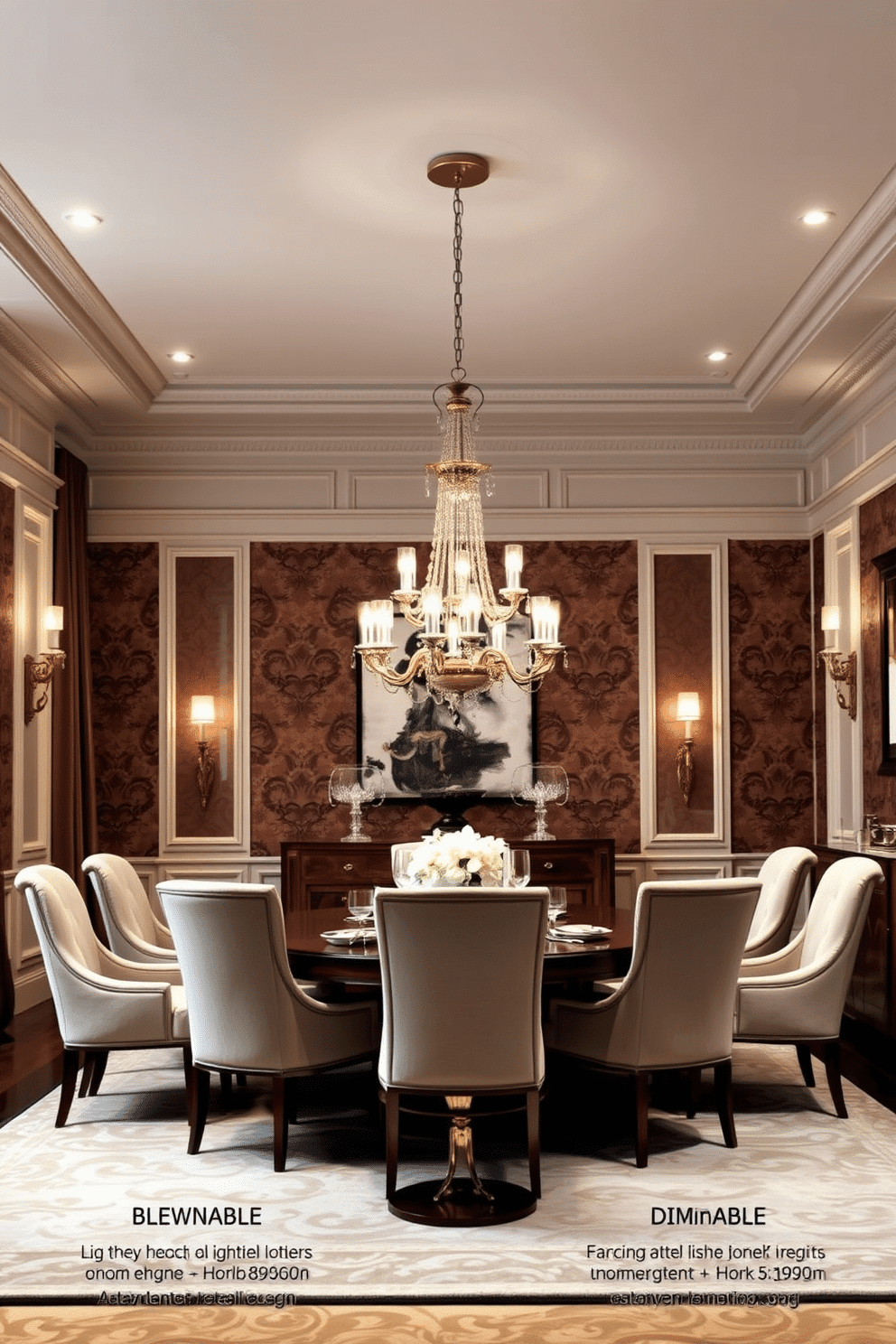 A luxury dining room featuring layered lighting with dimmable fixtures that create an inviting ambiance. The centerpiece is a large, elegant dining table surrounded by plush upholstered chairs, with a stunning chandelier hanging above. The walls are adorned with rich textures, such as silk wallpaper and decorative moldings, enhancing the sophisticated atmosphere. A sideboard with a polished finish displays fine china and crystal glassware, while strategically placed sconces provide additional illumination.