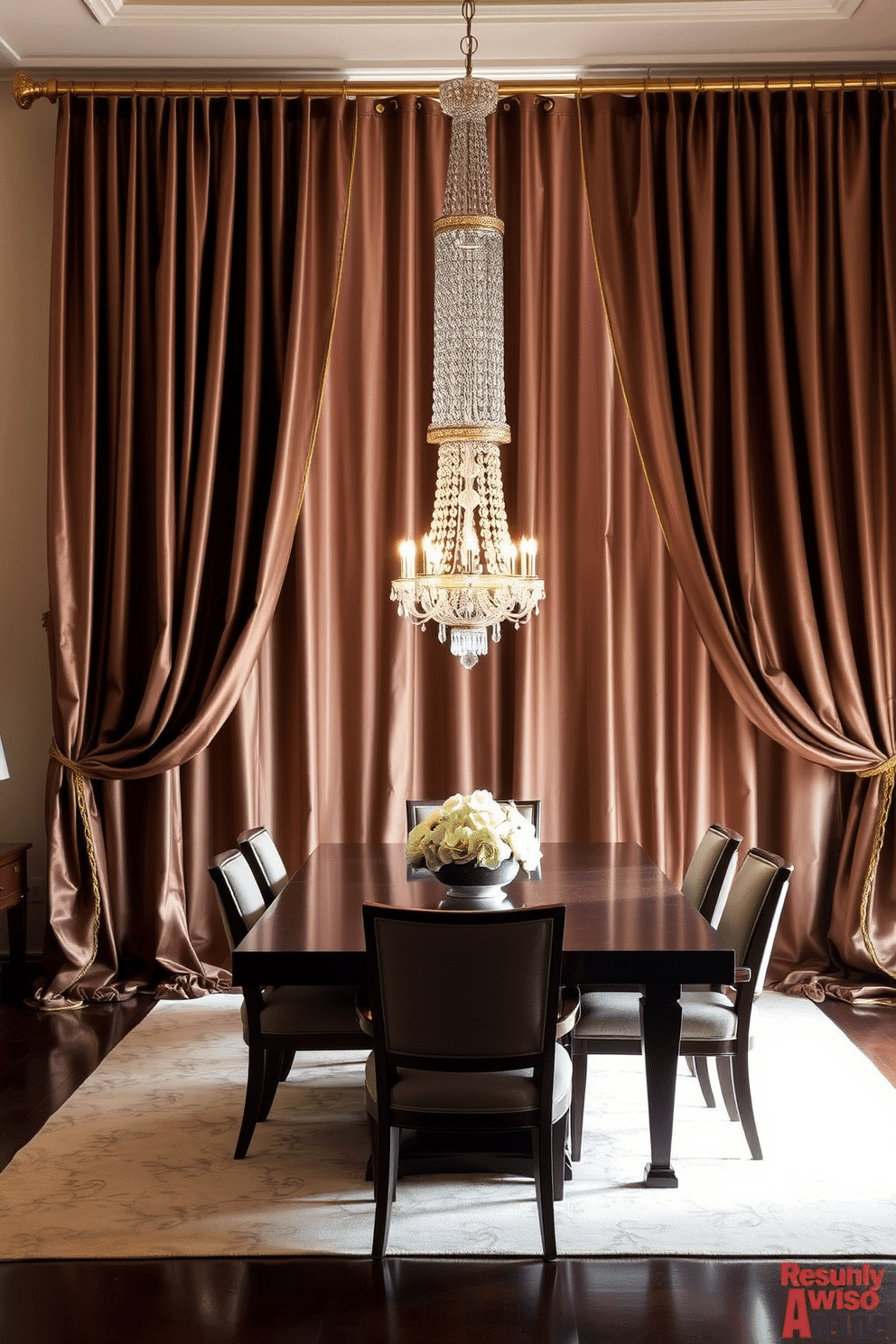 Luxurious silk curtains in a rich, deep hue drape elegantly from a polished wooden rod, pooling gently on the floor to create a sense of opulence. The soft texture of the silk catches the light, adding warmth and sophistication to the room's ambiance. The dining room features a grand, rectangular table made of dark mahogany, surrounded by upholstered chairs in a complementary fabric. A stunning chandelier hangs above, casting a warm glow that enhances the luxurious atmosphere of the space.