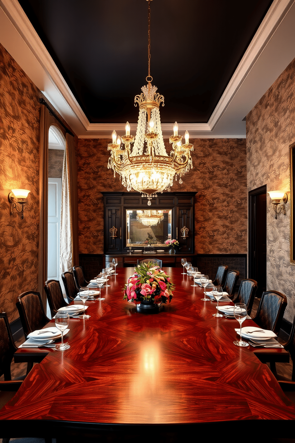 A luxurious dining room featuring textured wallpaper that adds depth and drama to the space. The room is adorned with an elegant chandelier that casts a warm glow over a long, polished wooden table set for an exquisite dinner party.