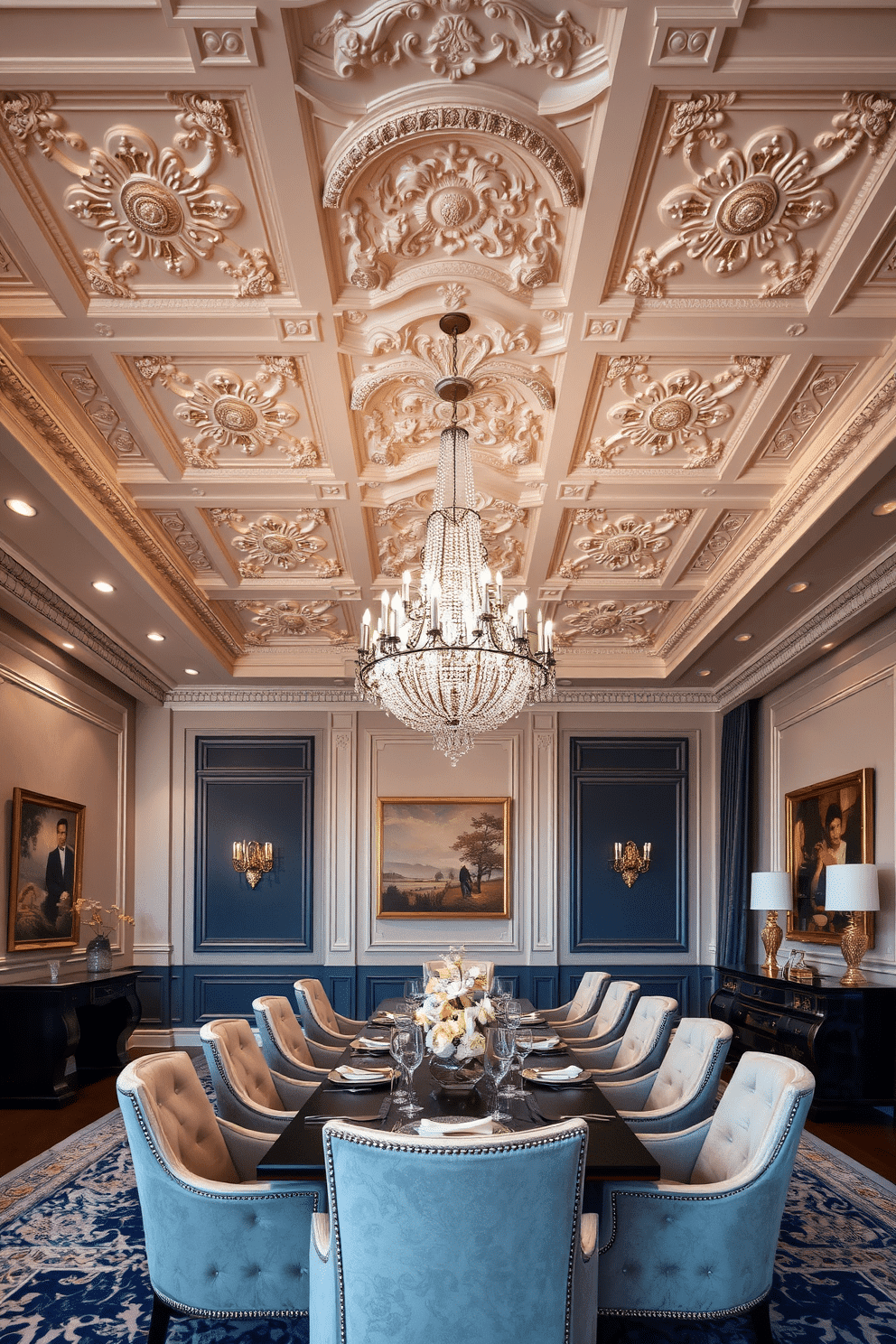 A statement ceiling design featuring intricate details, with ornate moldings and a stunning chandelier as the focal point. The ceiling is painted in a soft cream color, complementing the rich textures of the room below. Luxury dining room design ideas showcase a long, elegant table set for eight, surrounded by plush upholstered chairs. The walls are adorned with tasteful artwork, and a sophisticated color palette of deep blues and gold accents creates an inviting atmosphere.