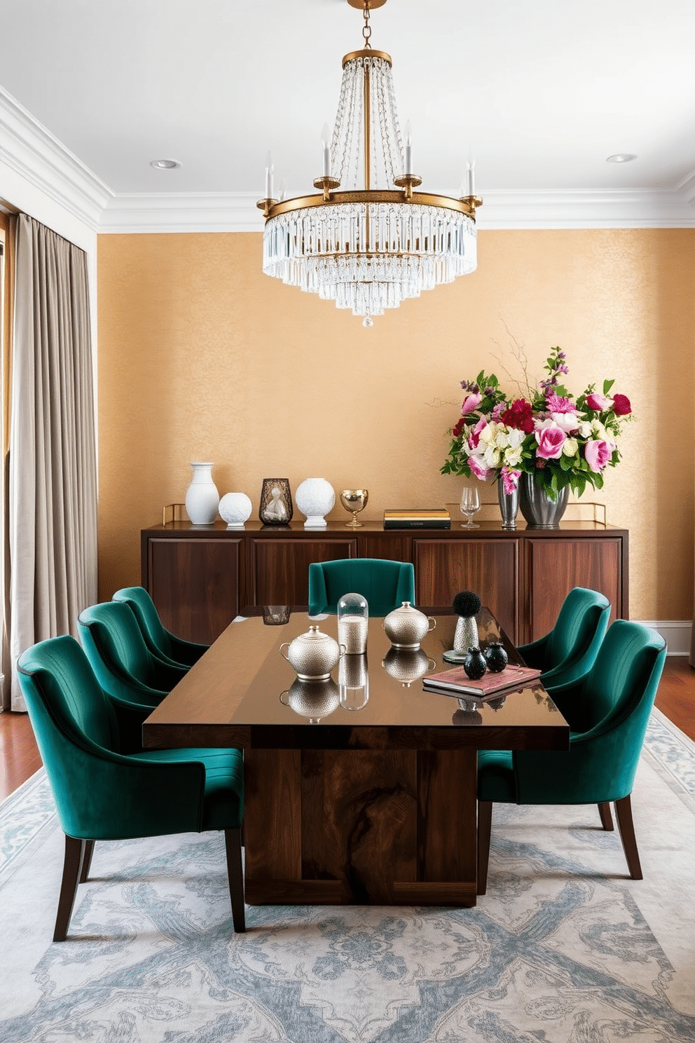 A luxurious dining room featuring a blend of mixed materials. The table is crafted from reclaimed wood with a glass top, surrounded by velvet upholstered chairs in deep emerald green. The walls are adorned with a textured wallpaper in a soft gold hue, complemented by a statement chandelier made of crystal and metal. An elegant sideboard in dark walnut showcases decorative ceramics and a large floral arrangement, adding warmth and sophistication to the space.