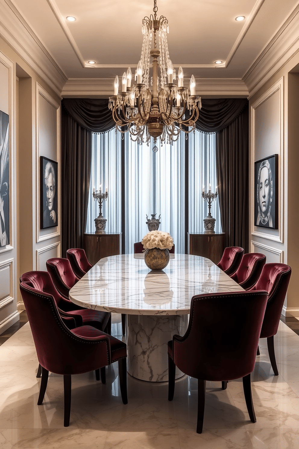 A luxurious dining room features a stunning marble dining table surrounded by plush velvet chairs in rich jewel tones. The room is illuminated by an elegant chandelier, casting a warm glow over the space, while the walls are adorned with tasteful artwork that complements the overall aesthetic.