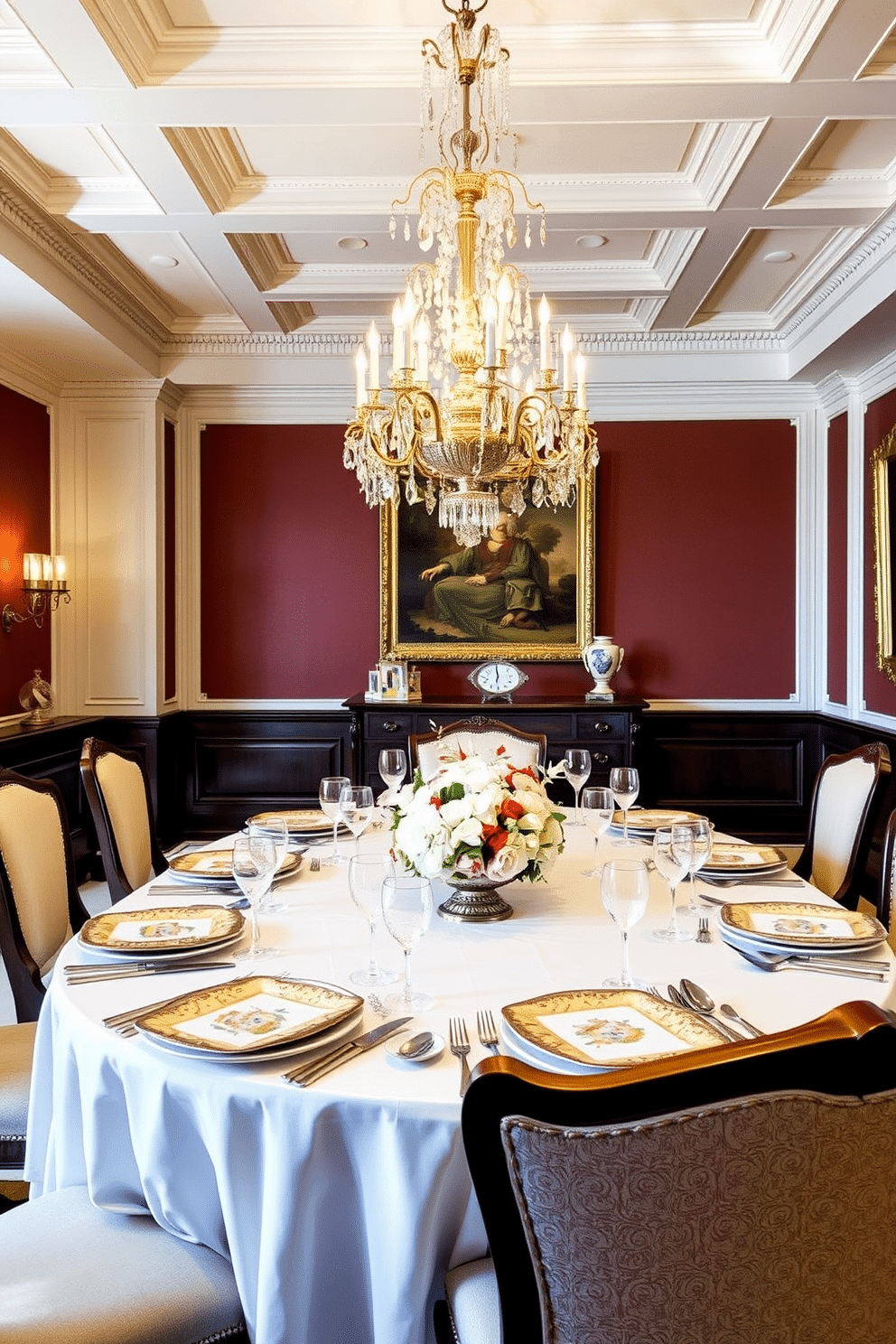 Elegant table settings with fine china. The table is adorned with a crisp white tablecloth, and each place setting features ornate, hand-painted china plates, complemented by gleaming silver cutlery and crystal glassware. Luxury Dining Room Design Ideas. The room boasts a grand chandelier hanging from a coffered ceiling, with plush upholstered chairs surrounding a polished mahogany table, accented by rich, deep colors on the walls and elegant artwork.