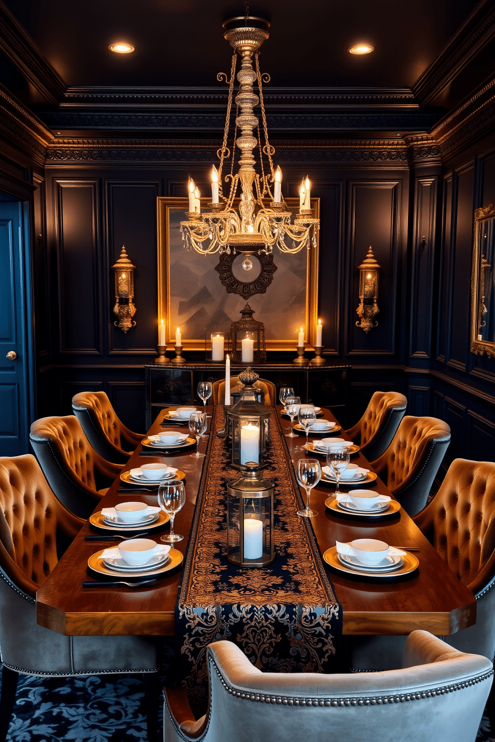 A luxury dining room features an elegant wooden table set for eight, adorned with a lavish table runner and fine china. Soft mood lighting is created by strategically placed candles and ornate lanterns, casting a warm glow across the room. The walls are painted in a deep navy blue, complemented by gold accents and rich textures throughout the space. A stunning chandelier hangs above the table, while plush velvet chairs invite guests to linger and enjoy the sophisticated ambiance.