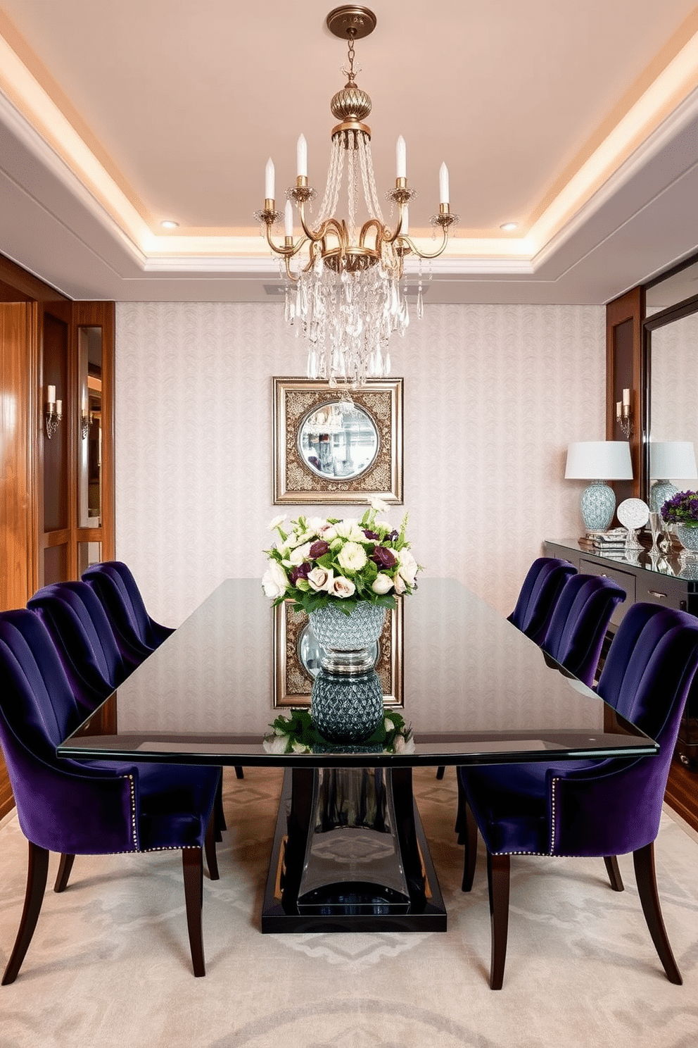 A luxurious dining room featuring a large, polished glass table that reflects the ambient light, surrounded by plush velvet chairs in deep jewel tones. Elegant pendant lights with crystal accents hang above, casting a warm glow over the space, while a stunning mirrored sideboard showcases fine china and decorative pieces. The walls are adorned with a soft, neutral wallpaper that adds texture, complemented by rich wooden accents throughout. A large area rug in a geometric pattern anchors the room, and fresh flowers in a crystal vase serve as a centerpiece, bringing a touch of nature indoors.