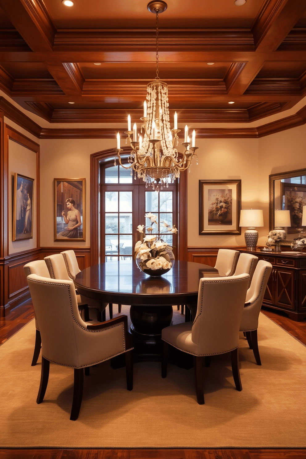 A luxurious dining room featuring warm wood tones creates an inviting atmosphere. The rich, dark wood dining table is surrounded by plush upholstered chairs in a soft fabric, providing comfort and elegance. A statement chandelier hangs above the table, casting a warm glow over the space. The walls are adorned with tasteful artwork, and a decorative sideboard showcases fine dinnerware and elegant accents.