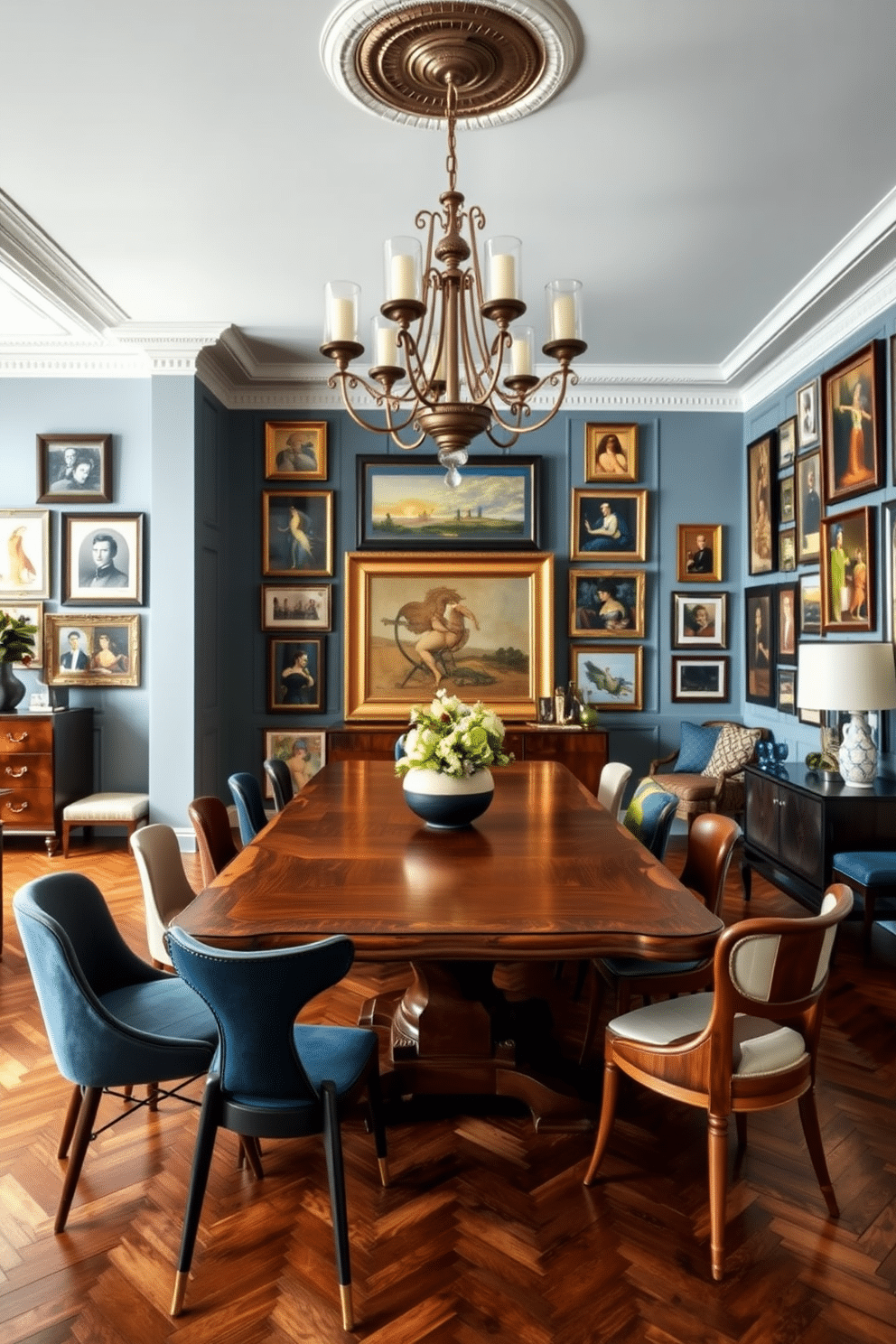 A luxurious dining room featuring an eclectic blend of styles and eras. The centerpiece is a grand, vintage wooden table surrounded by mismatched chairs that combine modern and classic designs. The walls are adorned with a striking gallery of framed art pieces, showcasing various artistic movements. A statement chandelier hangs above, illuminating the space with a warm glow and enhancing the rich color palette of deep blues and golds.