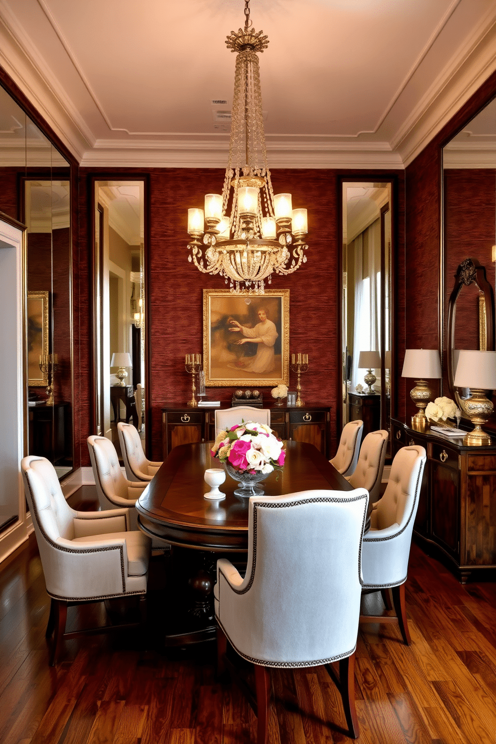 A luxurious dining room featuring large mirrors on the walls to enhance the sense of space and depth. The centerpiece is an elegant wooden table surrounded by plush upholstered chairs, with a stunning chandelier hanging above to provide ambient lighting. The walls are adorned with rich, textured wallpaper in deep hues, while the floor is finished with polished hardwood. A sideboard displays fine china and decorative accents, complemented by fresh floral arrangements on the table for a touch of sophistication.