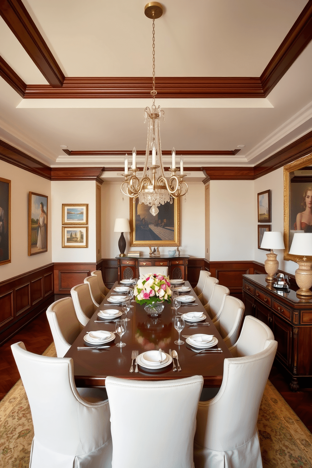 A luxurious dining room featuring a long, elegant wooden table set for eight, adorned with a delicate floral centerpiece and fine china. The walls are painted in a soft cream color, complemented by rich, dark wood wainscoting and a stunning chandelier that hangs from the ceiling. Personalized artwork lines the walls, showcasing a mix of abstract and classic pieces that reflect the homeowner's unique style. Plush upholstered chairs surround the table, and a stylish sideboard displays decorative items and additional artwork, creating an inviting atmosphere for entertaining.