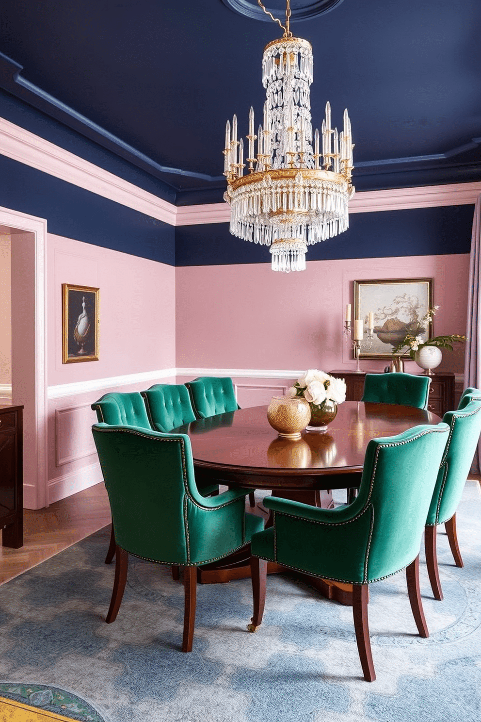 Sophisticated color blocking for visual interest. The walls are painted in deep navy blue and soft blush pink, creating a striking contrast that enhances the room's elegance. Luxury dining room design ideas. A grand wooden dining table is surrounded by plush velvet chairs in emerald green, while a stunning chandelier made of crystal hangs above, casting a warm glow over the space.